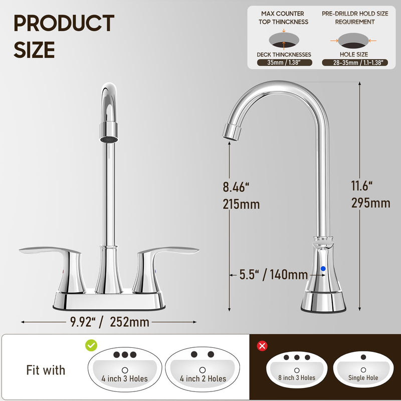 Phiestina Commercial Bar Sink Faucet 4 Inch Center Deck Mount, Utility Laundry Faucet for Sink, 2 Hole Chrome Polished with Dual Lever Handles, BARTY36-11H-C 11 IN Hight