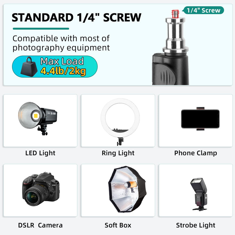 Extendable Photography Light Stand, Adjustable 6.6ft/2m Aluminum Light Tripod Stand for Travel, Reversible Portable Studio Lighting Tripod for Ring Light Camera Flash Light Strobe Light Webcam Softbox