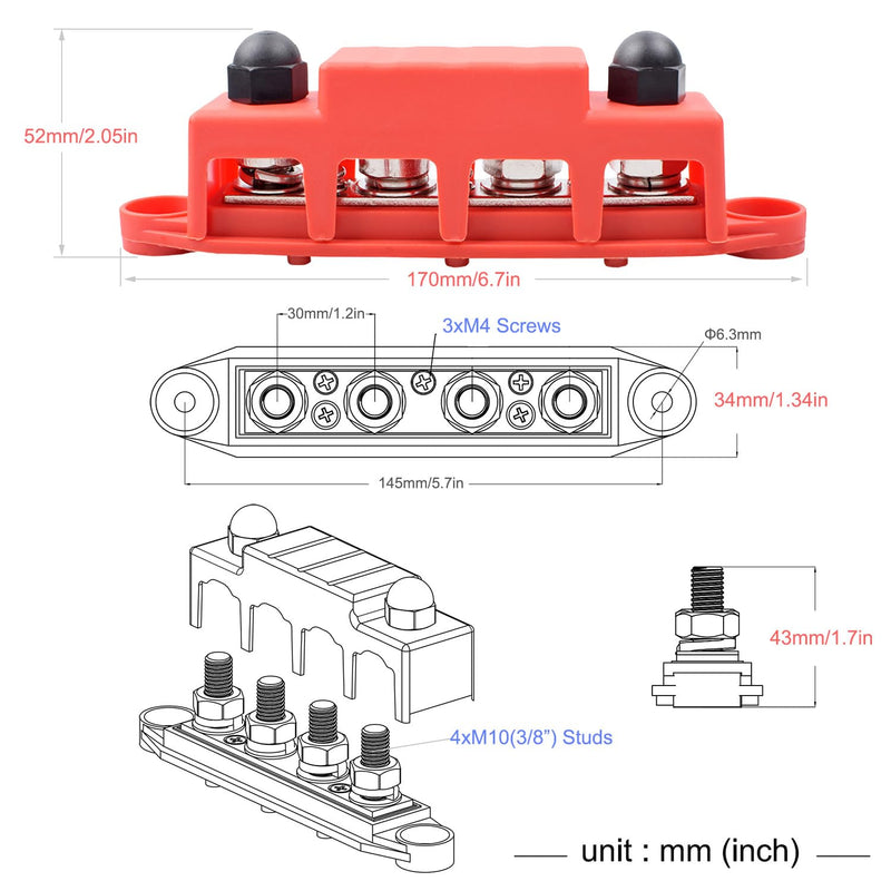 48V DC 250A Bus Bar Power Distribution Block with 4 x 3/8" Studs, 3X #8 Screws Terminals Battery Busbar 12V 24V for Cars RVs Boats Yachts, extra 10 Lugs, Positive& Ground, 2 Pack 250A- 48V DC- 4x 3/8"- Black& Red
