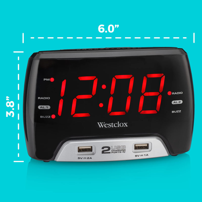 Westclox Basic Large 1.4” red LED Digital FM Clock Radio 2 USB Charging Port with Fast Charge for Bedroom, Home or Office – Model# 80227WM