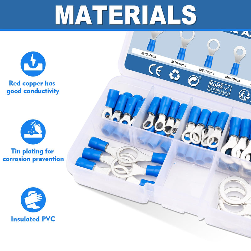 Hanibos Pack of 60 ring cable lugs 1.5-2.5 mm² blue cable lugs crimp connector 16-14 AWG ring cable lugs hole diameter M3 M4 M5 M6 M8 M10 M12 cable lugs round 7 sizes