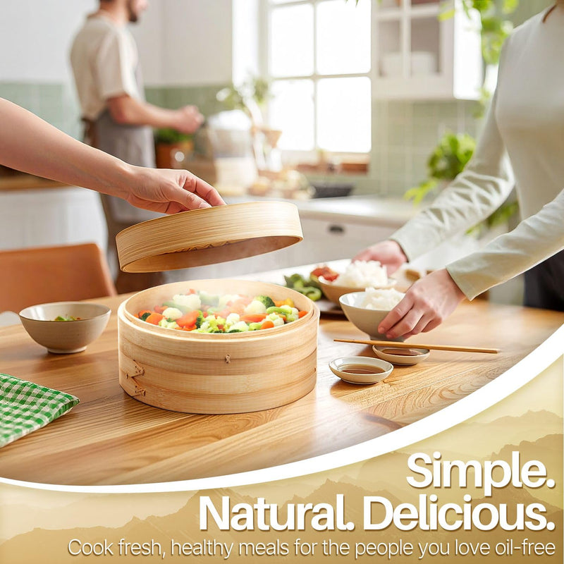 Flexzion Bamboo Steamer Basket Set (8 inch), 50 x Steamer Liners and 2 Pairs of Chopsticks, Steam Baskets for DimSum Dumplings, Rice, Vegetables, Fish and Meat 8 Inch