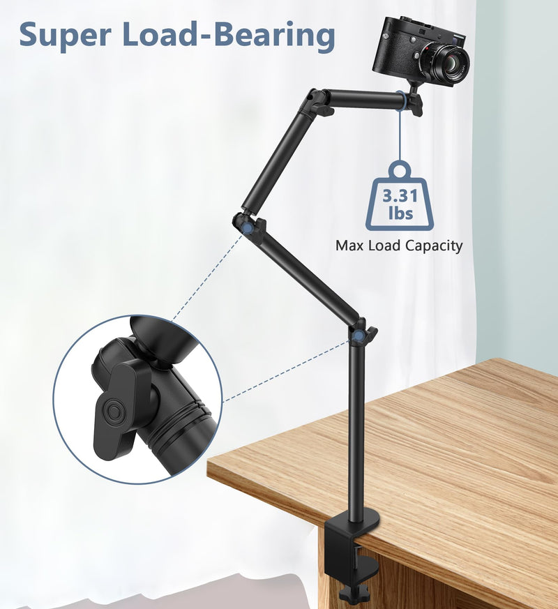 Overhead Camera Mount Desk Stand, Flexible Overhead Camera Mount with 3/8'' 5/8'' Screw, C Clamp Tabletop Stand for Podcasting/Ring Light/Blue Yeti Nano/Webcam/Photography Live Stream Auxiliary Stand