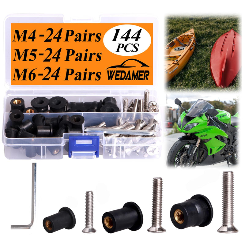 WEDAMER 72 Pairs M4 M5 M6 Neoprene Well Nuts with Stainless Steel Screw M5 Rubber Well Nuts Kayak Brass Copper Bolts Well Nut Kit for Kayak Motorcycle Boat Marine Windscreen Accessories (M4 M5 M6) M4/M5/M6 Each 24 Pairs
