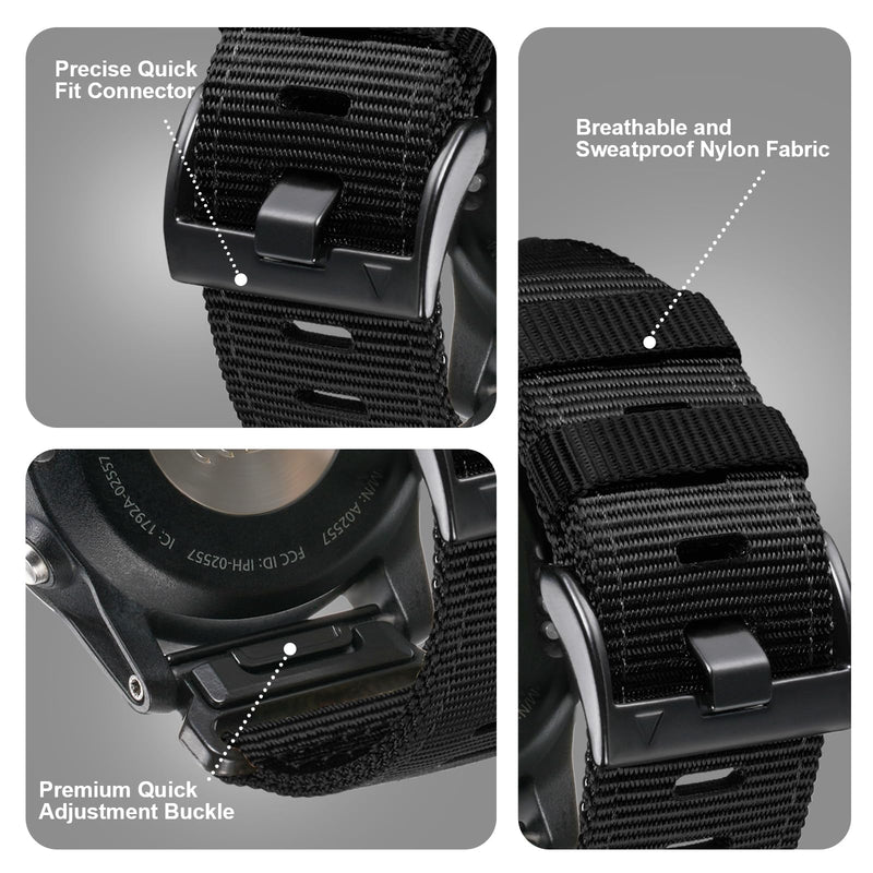 26mm Nylon Watch Band Compatible for Garmin Fenix 7X/ Fenix 6X/ Fenix 5X/ Tactix Delta, Camouflage Quickfit Bands for Garmin Fenix 3/3 HR, Fenix 5X Plus/6X Pro/Descent MK1/Enduro A-Black