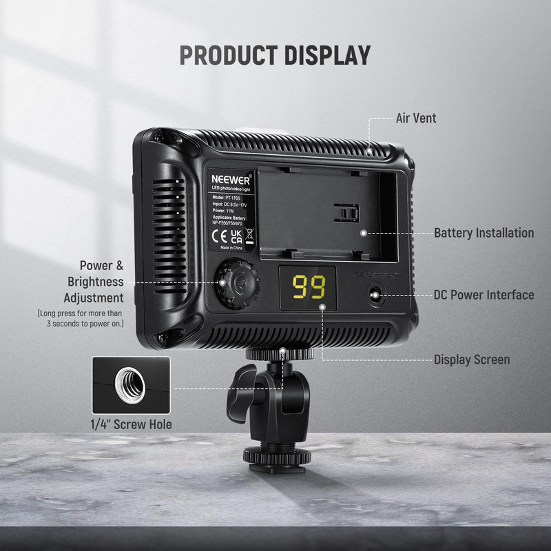 Neewer on Camera Video Light Photo Dimmable 176 LED Panel with 1/4" Thread for Canon, Nikon, Sony and Other DSLR Cameras, 5600K (Battery Not Included) PT-176S