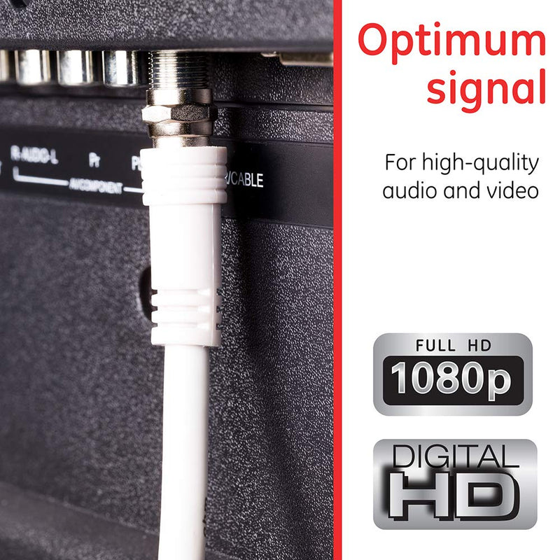 GE RG6 Coaxial Cable, 25 ft. F-Type Connectors, Double Shielded Coax, Input Output, Low Loss Coax, Ideal for TV Antenna, DVR, VCR, Satellite Receiver, Cable Box, Home Theater, White, 33604 25 Feet