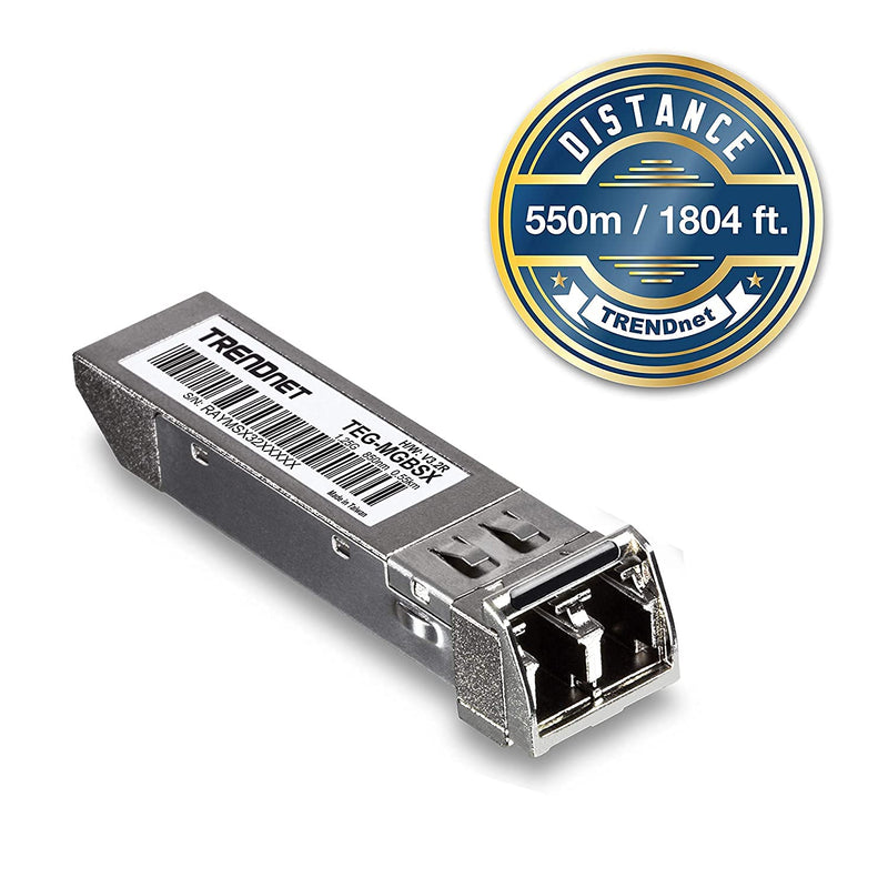 TRENDnet SFP Multi-Mode LC Module, Up to 550m (1804 Ft), Mini-GBIC, Hot Pluggable, IEEE 802.3z Gigabit Ethernet, Supports Up to 1.25 Gbps, Lifetime Protection, Silver, TEG-MGBSX