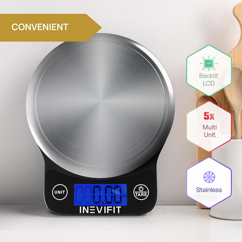 INEVIFIT Digital Kitchen Scale, Highly Accurate Multifunction Food Scale 13 lbs 6kgs Max, Clean Modern Black with Premium Stainless Steel Finish. Includes Batteries Black and Stainless Steel