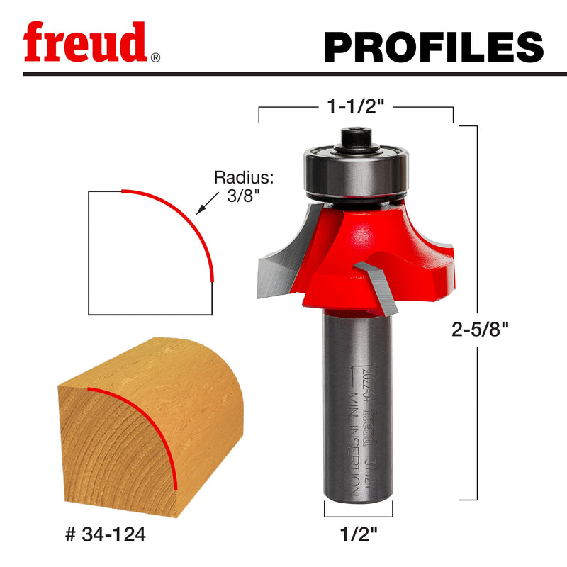 Freud 34-124: 3/8" Radius Rounding Over Bit with 1/2" Shank, 2-5/8" Overall Length