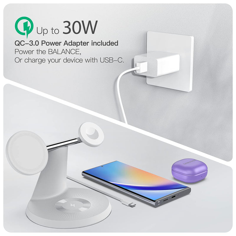 3-in-1 Wireless Charging Station for Apple: used for iPhone and Watch Charging Station with Magsafe Charger Stand, Wireless Charging Stand for iPhone15/14/13/12, Apple Watch 1-9/Ultra, AirPods 3 Pro White