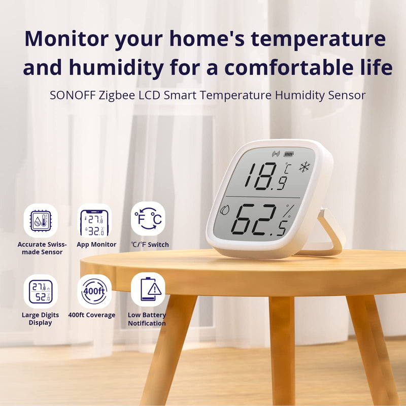 SONOFF Zigbee Temperature and Humidity Sensor, SNZB-02D Pack of 2 Zigbee LCD Smart Thermometer Hygrometer Sensor, Zigbee Hub Required, Compatible with Alexa/Google Home/Home Assistant