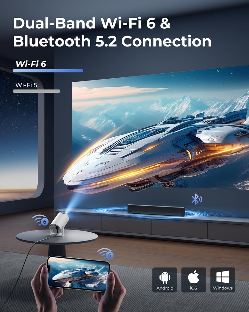 CLOKOWE Mini Projector with WiFi and Bluetooth - Built-in Apps, Smart Portable Projector with 180° Rotation, Auto Keystone, Support 1080P, Compatible with HDMI/USB/TV Stick/Smartphone/Laptop 2025 Upgraded projector with Apps