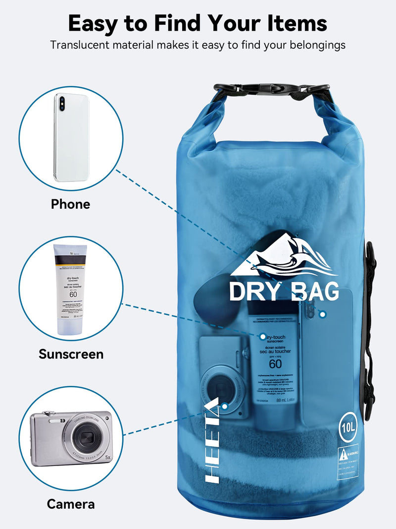 HEETA Dry Bag Waterproof for Women Men, 5L/10L/20L/30L/40L Roll Top Lightweight Dry Storage Bag Backpack with Phone Case for Travel Swimming Boating Kayaking Paddle Board Camping Beach Accessories Blue 10L