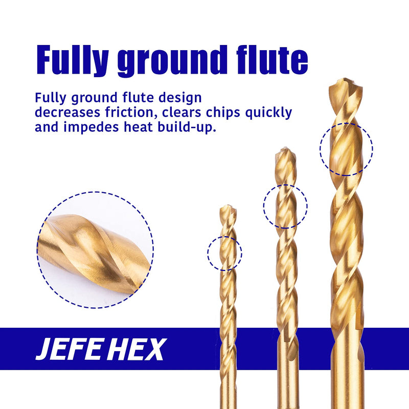 JEFE HEX 1/4" HSS Twist Titanium Drill Bits, Hex Shank for Quick Change, 135 Degree Easy Cut Split Point Drill Bit for Steel, Copper, Aluminum, Zinc Alloy, Wood, and Plastics (Pack of 6). 1/4" (6 pcs)