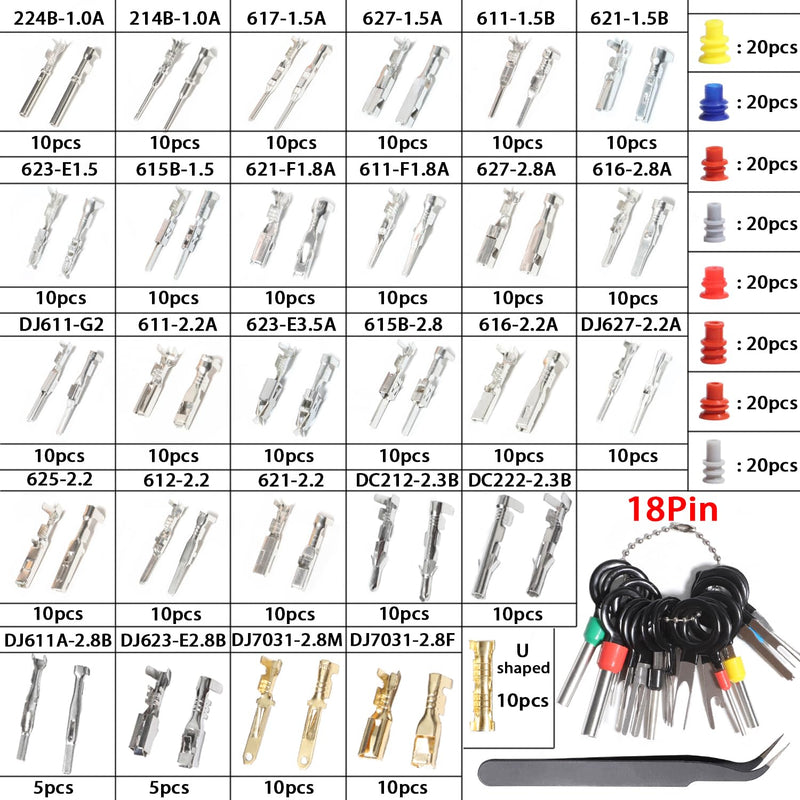 230Pcs Pin Connector Kit Car Electrical Wire Terminal Tool kit 1/1.5/1.8/2.2/2.8/3.5mm Connector Pins Terminal Removal Male Female Crimp Pins Non-Insulated Plug