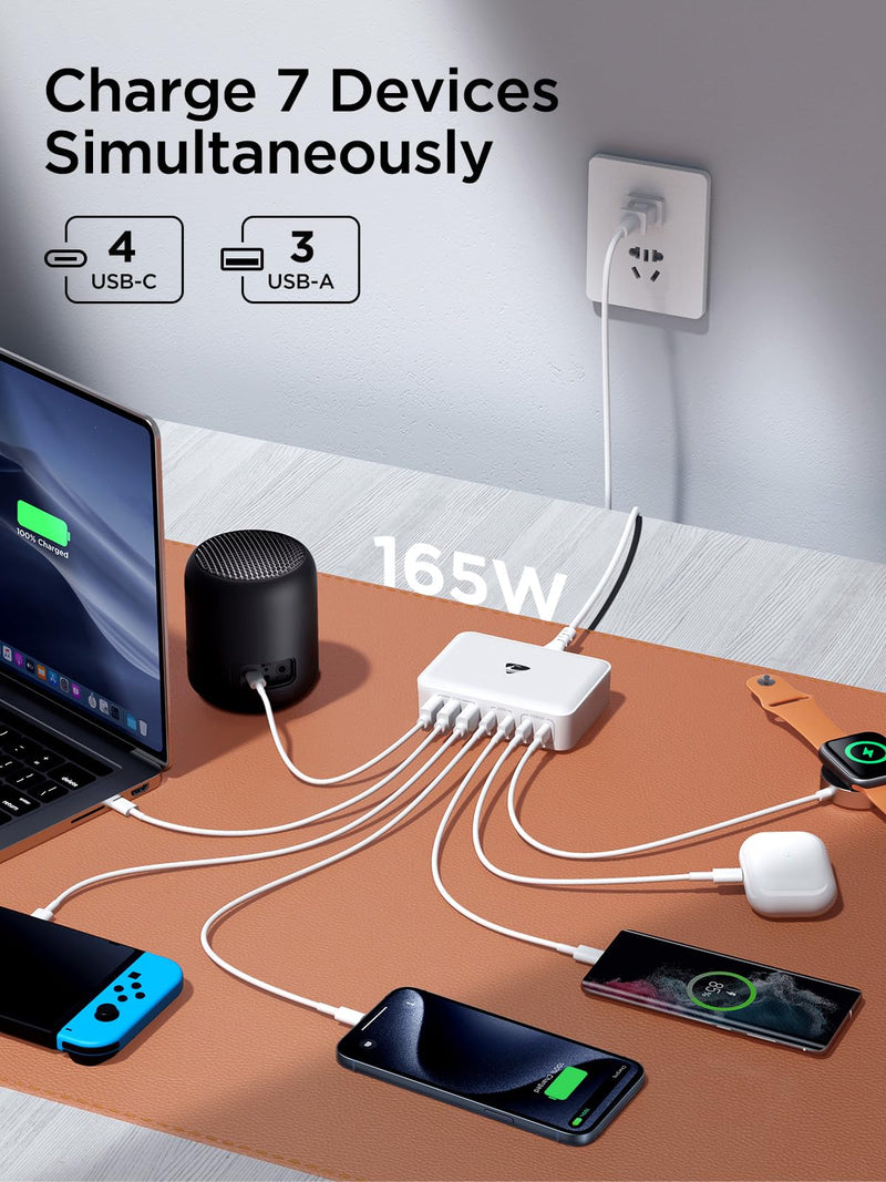 Aione Charger Station, 165W GaN 7-Port Charging Hub with 5ft Cord for Multiple Devices Fast Charging Multi USB Charger Station on Desk for iPhone 16 15 14 13 12 Samsung Galaxy S24/23/22 MacBook RE-PC907N