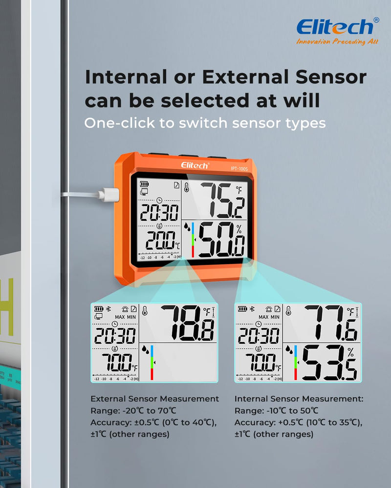 Elitech Digital Bluetooth Hygrometer Thermometer with App, 4.5 Inch Display, Real-time Monitoring of Temperature & Humidity, PDF/CSV Export, External Probe, IPT-100S