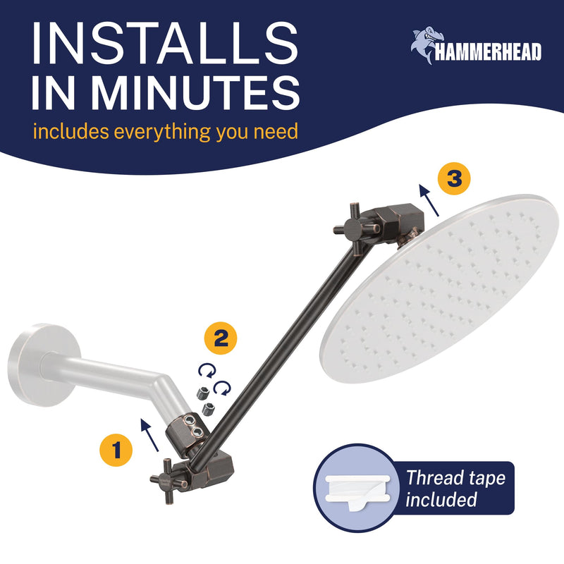 HammerHead Showers® Solid Metal 12-Inch Adjustable Shower Extension Arm – Raises Showerhead Height, Supports up to 10lbs – Oil Rubbed Bronze 12 Inches