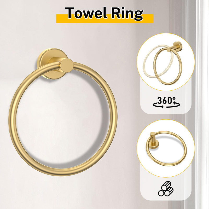 Brushed Gold Bathroom Hardware Set 5 Pieces Towel Bar Set Round Towel Holder Set for Bathroom,Upgraded Toilet Paper Holder with Shelf,Stainless Steel Wall Mounted 23.6 Inch