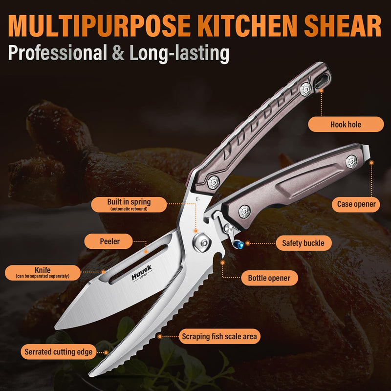 Huusk Heavy Duty Poultry Scissors - Kitchen Scissor for Food with Serrated Edge, Detachable Sharp Shears for Cutting Meat, Chicken Bone and Turkey, Scissors All Purpose for Thanksgiving (Brown) Brown
