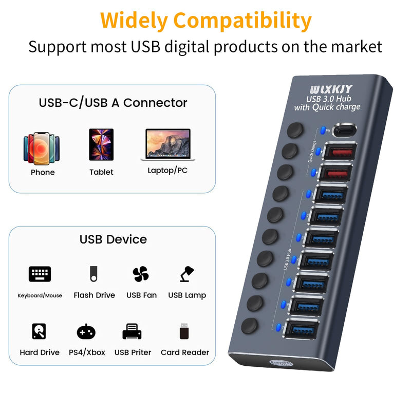 Boost Your Device Performance With Our Aluminum USB 3.0 Hub! 10-Port Splitter for Seamless Connectivity - 7 High-Speed Data Transfer, 2 Intelligent Charging, 1 PD Charging hub-9port+1pd