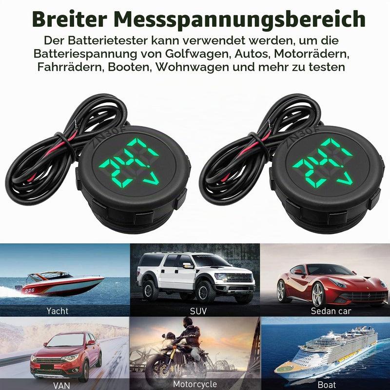 DC4V-100V Waterproof Voltage Meter with Digital LED Display | 2 pieces; waterproof and dustproof; green LED display; mini LED circular waterproof voltage meter; for boats, vehicles 2Pcs