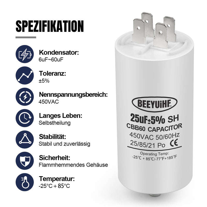 BEEYUIHF CBB60 motor capacitor 25µF 450V capacitor 50/60Hz starting capacitor 25UF motor running capacitor plug M8 for electric motor 45 x 95 mm 25µF / 25uF