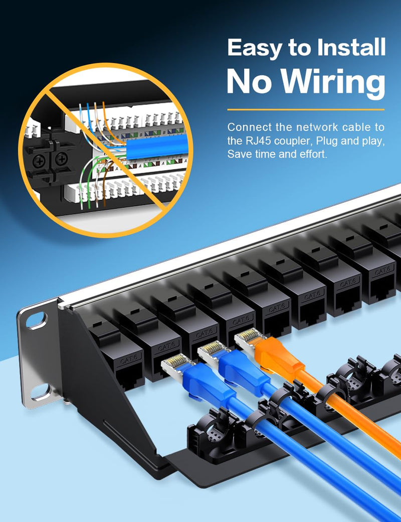 24 Port Patch Panel Cat6 Keystone Patch Panel UTP 1U Network Patch Panel with Smart Cable(No Cable Tie Required) Management for 19inch Rackmount 24Port Cat6 Keystone Patch Panel