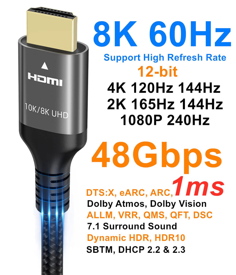 Ubluker 10K 8K 4k HDMI 2.1 Cable 2m, Certified Ultra High Speed HDMI Cable 4k 120Hz 144Hz 8k 60Hz 48Gbps eARC HDR10+ HDCP2.3 Compatible for Mac Soundbar Gaming PC TV PS5 Xbox 2 Meters