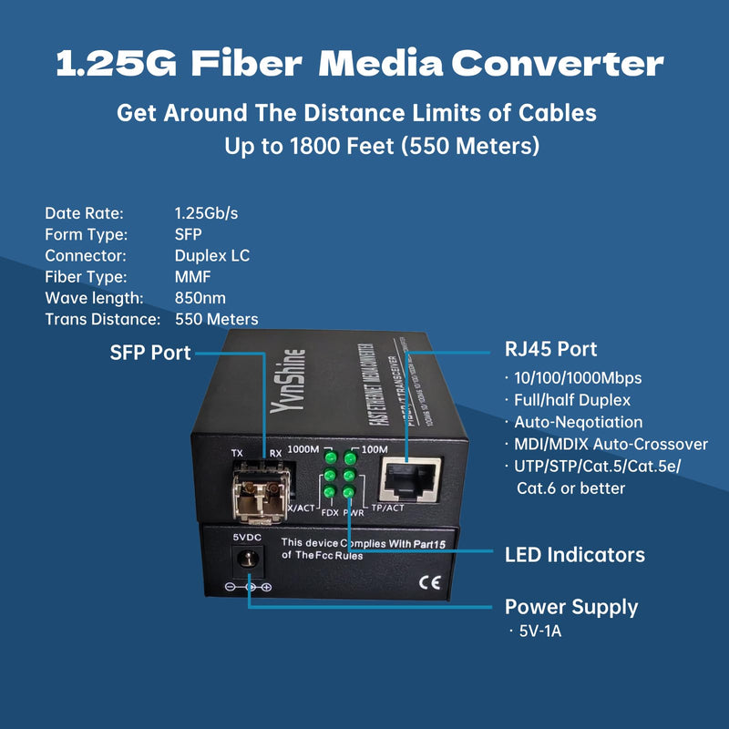 2 Pack Fiber Ethernet Media Converter, Gigabit SFP to RJ45 Converter Includes 2 Pcs 1.25G Multi-Mode SFP Transceiver, Fiber to Ethernet with 1000BASE-SX SFP to LC Module (MMF,850nm, Up to 550 Meters) MC-MMF-SFP550-2