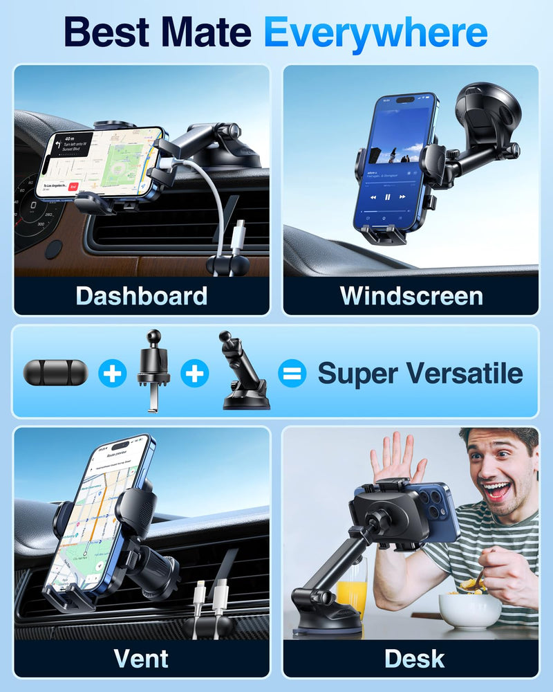 YRU True Military-Grade [360° Rotation Suction] 2025 Ultimate Car Phone Holder Mount 【90+LBS Safest Strongest & Patent Certs】 Dashboard Windshield Vent for iPhone 17 16 Pro Max Samsung, Dark Blue