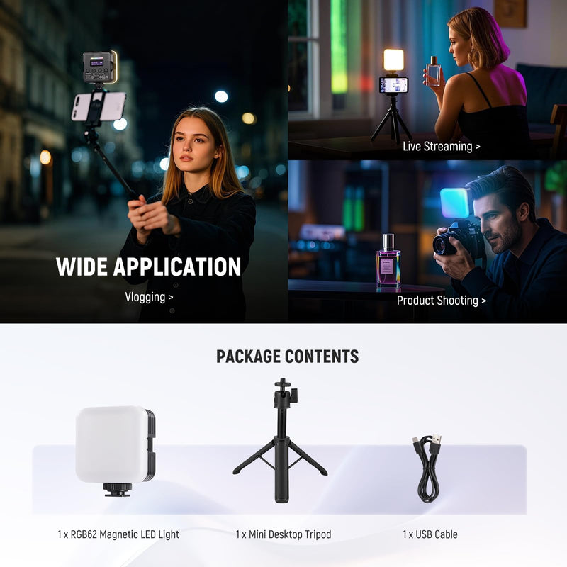 NEEWER Magnetic RGB Camera Video Light with Desk Tripod Stand & 3 Cold Shoes, Upgraded APP Control, CRI97+ 2500-8500K 2000mAh Rechargeable Photography Recording Small LED Panel Lighting, RGB62