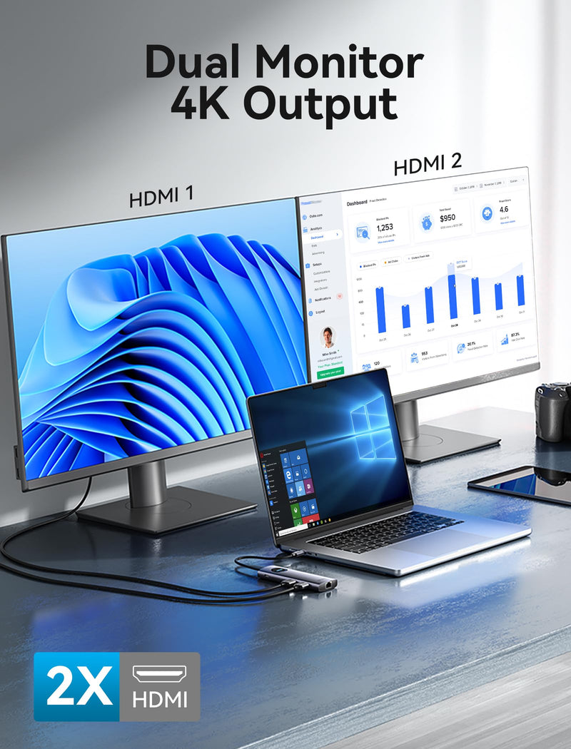 VENTION USB C Docking Station for Windows/MacBook, 9-in-1 USB C Docking Station Dual Monitor 4K@60Hz, Laptop Docking Station with Dual 4K HDMI, 100W PD, Gigabit Ethernet, 5Gbps USB-A Ports, SD/TF