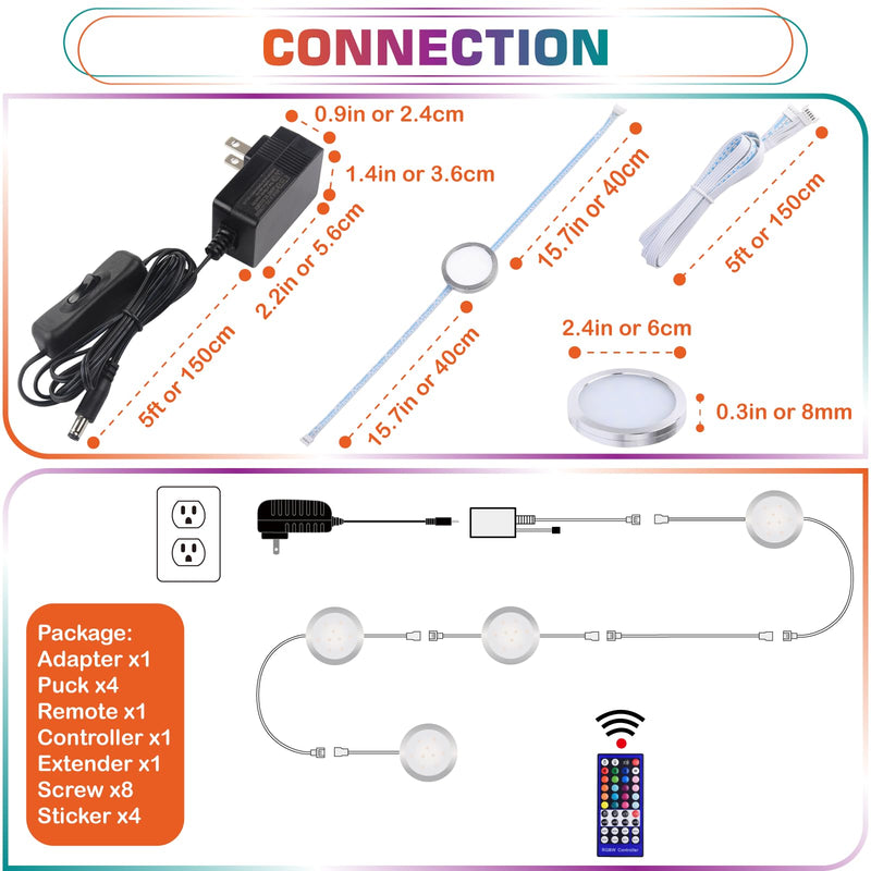 RGBW Under Cabinet LED Puck Light Kit, Collection Display Cases Lighting, Multi Color Changing & True White, Remote Control Dimmable, Daisy Chained Linkable, 120V Wall Plug-in, 4 Lights 4 Lights Kit