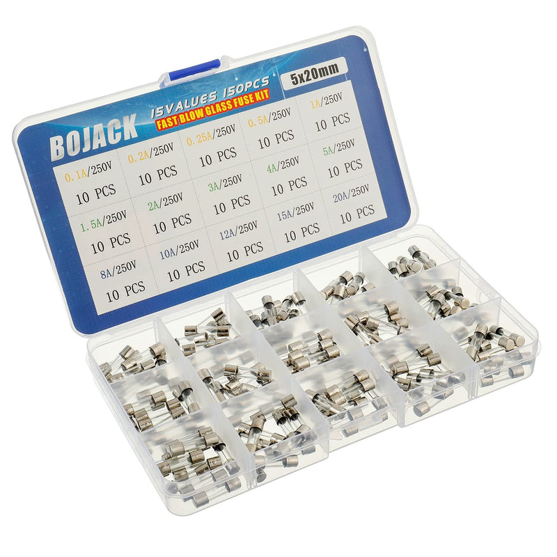 BOJACK 15 Values 150pcs Quick Blow Glass Fuses Assortment Set 5x20mm Fuse 250V Fuses 0.1 0.2 0.25 0.5 1 1.5 2 3 4 5 8 10 12 15 20A Packaging in a Clear Plastic Box 5x20mm Fuse “F”