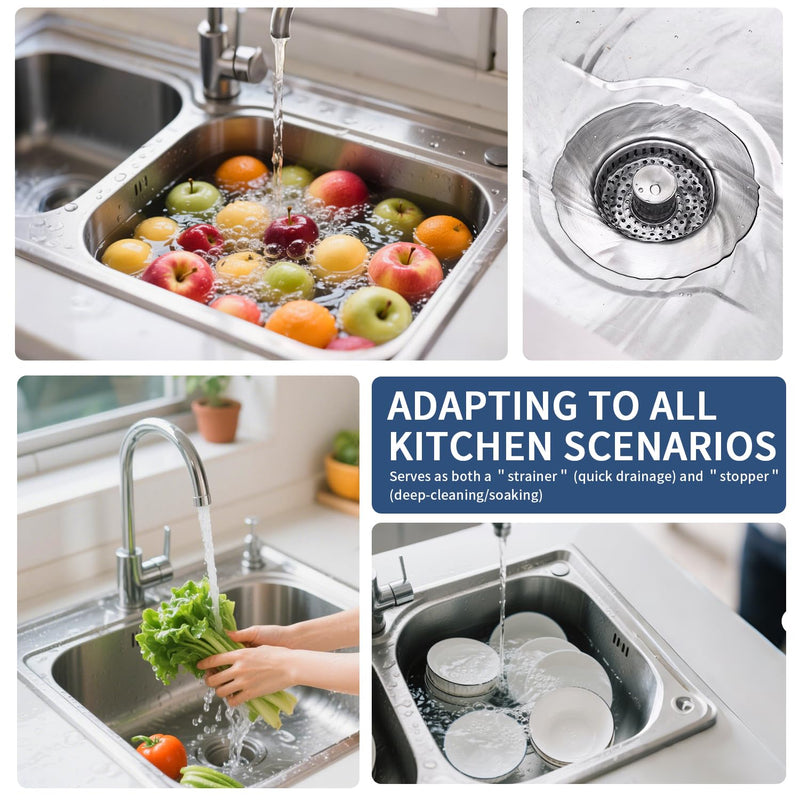 3-in-1 Kitchen Sink Drain Strainer & Sink Stopper 2 Pack - 304 Stainless Steel Sink Drain Strainer, Pop-Up Anti-Clog Design, Fits Standard 3-1/2'' Sink Drains Sus304 Brushed 2pack