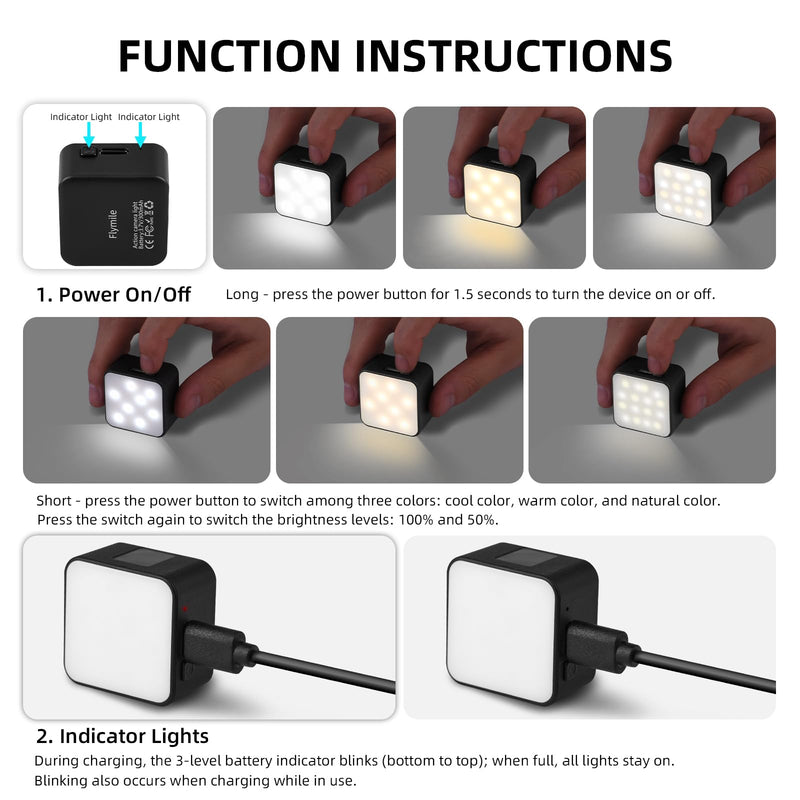 Pocket 3 Magnetic Fill Light Accessories, 6500K Adjustable Video Light with Quick - Release Cold Shoe Base, Compatible with DJI Osmo Action 5 Pro/4/3 Camera Cage Attachment, Black