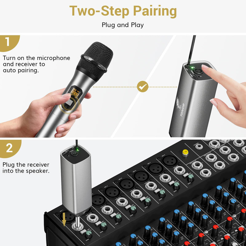 TONOR Wireless Microphones, UHF Dual Cordless Metal Dynamic Mic System with Rechargeable Receiver, for Karaoke Singing, Wedding, DJ, Party, Speech, Church, Class Use, 200ft TW630 Silver
