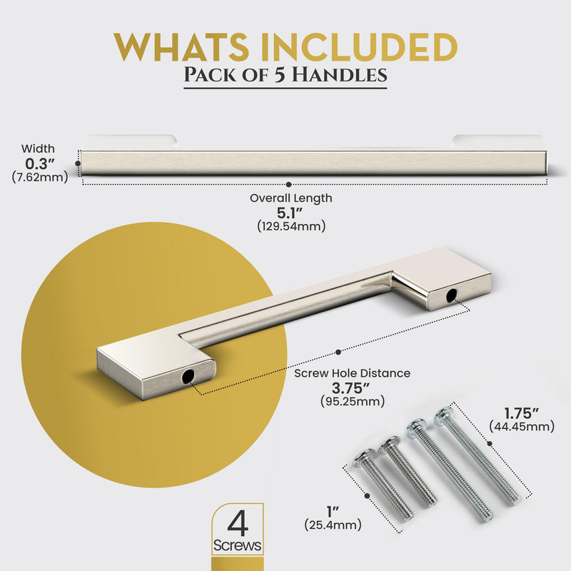 Southern Hills Brushed Nickel Cabinet Pulls - 96mm - Satin Nickel Drawer Handles, Modern Kitchen Cabinet Handles, Silver Kitchen Handles for Cabinets and Drawer Pulls, Cupboard Door Hardware 3.75 inches 5 pack