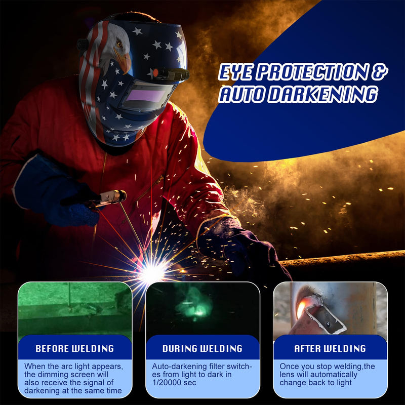 WR01A Welding Helmet Auto Darkening with LED Light True Color Solar Powered Welder Hood with Adjustable Shade Range 4/9-13 for Mig Tig Arc Welding Mask (Blue Eagle II) Blue Eagle II