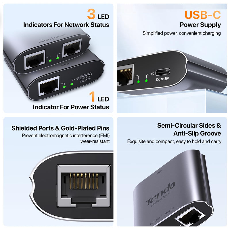 Tenda SG103M Gigabit Ethernet Splitter 1 to 2 - Network Splitter with USB Power Cable, RJ45 Internet Adapter 1000Mbps High Speed for Cat 5/5e/6/7/8 Cable