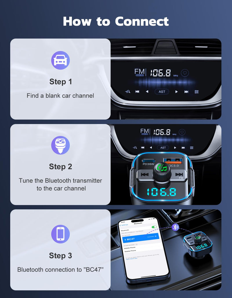2024 Upgrade Bluetooth 5.3 Car Adapter【PD 36W+QC3.0 18W】, 2-in-1 FM Transmitter 【Dual Stronger Mics】& Fast Car Charger, Wireless Car Radio Adapter Hands-Free Car Kit, Siri Assistant Player