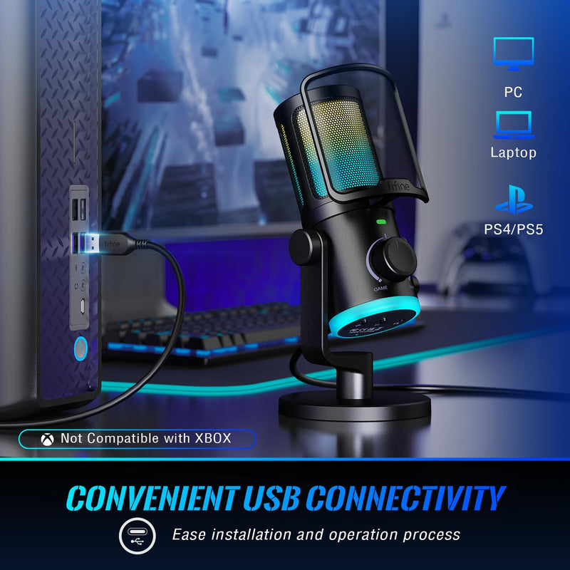 FIFINE Gaming PC Microphone, USB Streaming Microphone with Game Chat Balance, Computer Condenser Desktop RGB Mic with Mute Button, Noise Cancellation for Podcast/Twitch/Discord-AMPLIGAME AM6