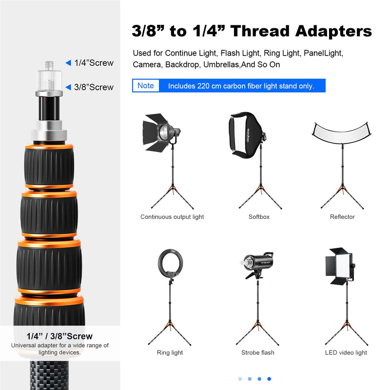 Carbon Fiber Extendable Travel Light Stand 7.2ft / 2.2m Sturdy Light Weight Portable Tripod Light Stand with Carry Bag for Photography Studio Outdoor Shooting Speedlight Flash Reflector Ring Light Carbon Fiber