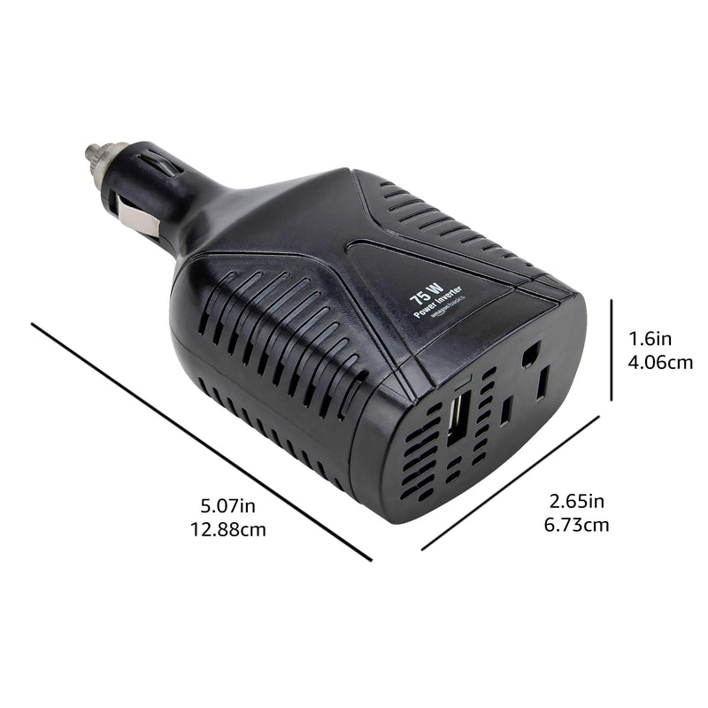 Amazon Basics 75W Car Power Inverter 12V to 110V for Vehicles, Black, 5.07 x 2.65 x 1.6 inches 75W Power Inverter