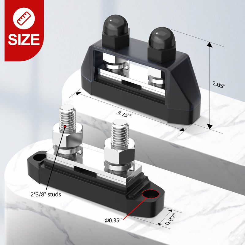 Marine Bus Bar 12V 250A Power Distribution Block 12 Volt DC Busbar 3/8" Dual Studs Battery Bus Bar for Boat Automotive Solar System BB250-T2M10