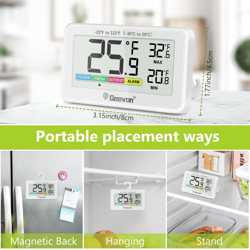 Geevon Digital Refrigerator Thermometer 4 Pack, IP65 Waterproof Fridge and Freeze Thermometer with Magnetic Back Large LCD，Max/Min Record Function for Home,Commercial White-4Pack