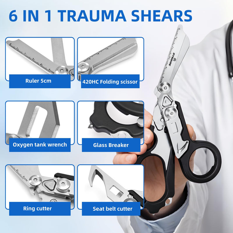 2 Pack Heavy Duty 6 in 1 Multifunctional Trauma Shears Foldable | Stainless Steel emergency response scissors | Survival Shears with Holster | Medical Trauma shears Tactical With Strap Cutter Black 2