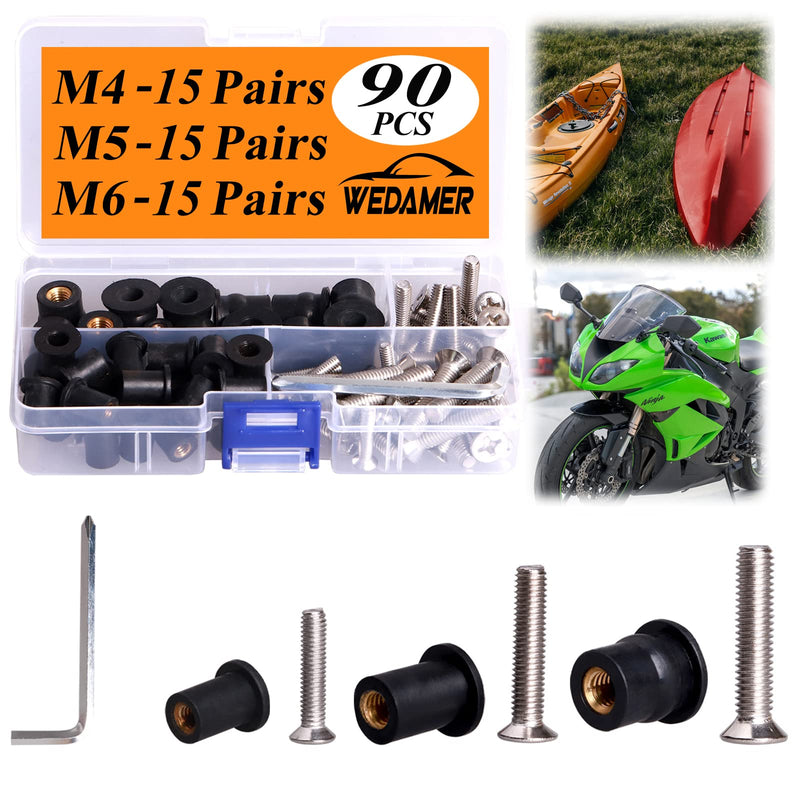 WEDAMER 45 Pairs M4 M5 M6 Neoprene Well Nuts with Stainless Steel Screw M5 Rubber Well Nuts Kayak Brass Copper Bolts Well Nut Kit for Kayak Motorcycle Boat Marine Windscreen Accessories (M4 M5 M6) M4 M5 M6 each 15 Pairs